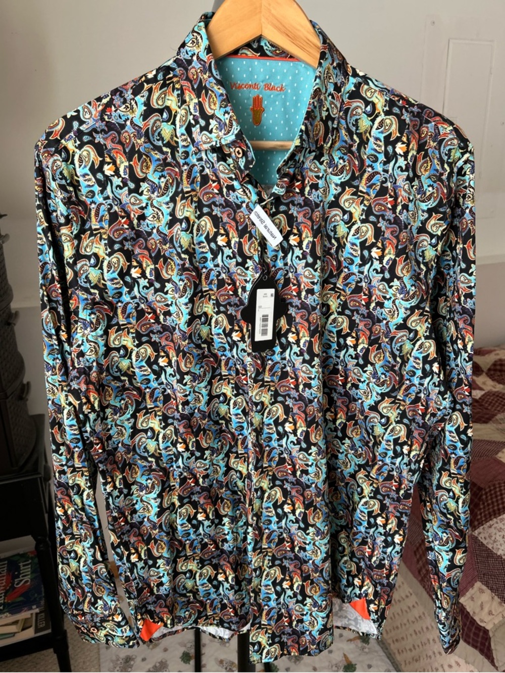 Luchiano Visconti Black Paisley Print Button Down Shirt NWT Men’s Large